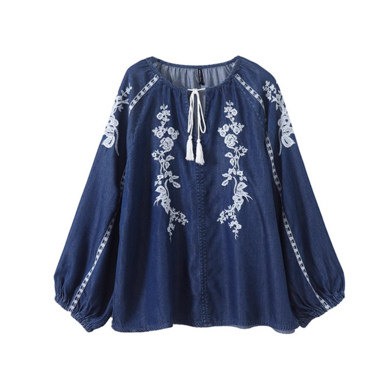 Women Denim Blouse Top Flower  - Tassel Fringe Trim recension och pris